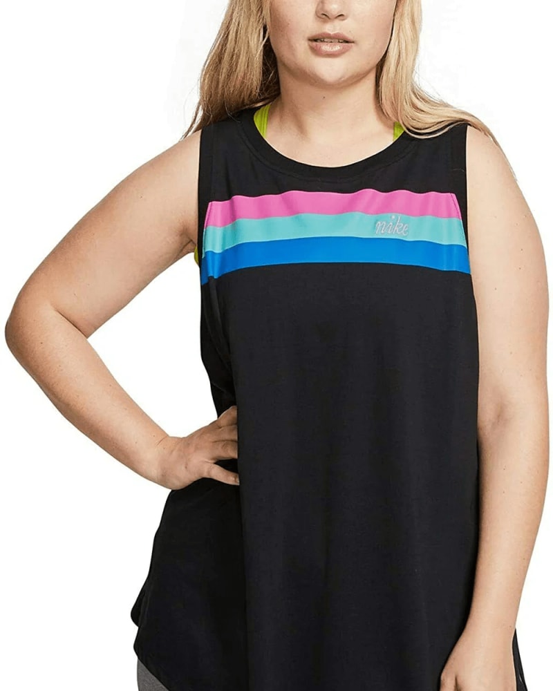 Front of a model wearing a size 2X Nike Plus Women's Sportswear Graphic Printed Cotton Tank Top Black Size 2X in Black by Nike. | dia_product_style_image_id:311280